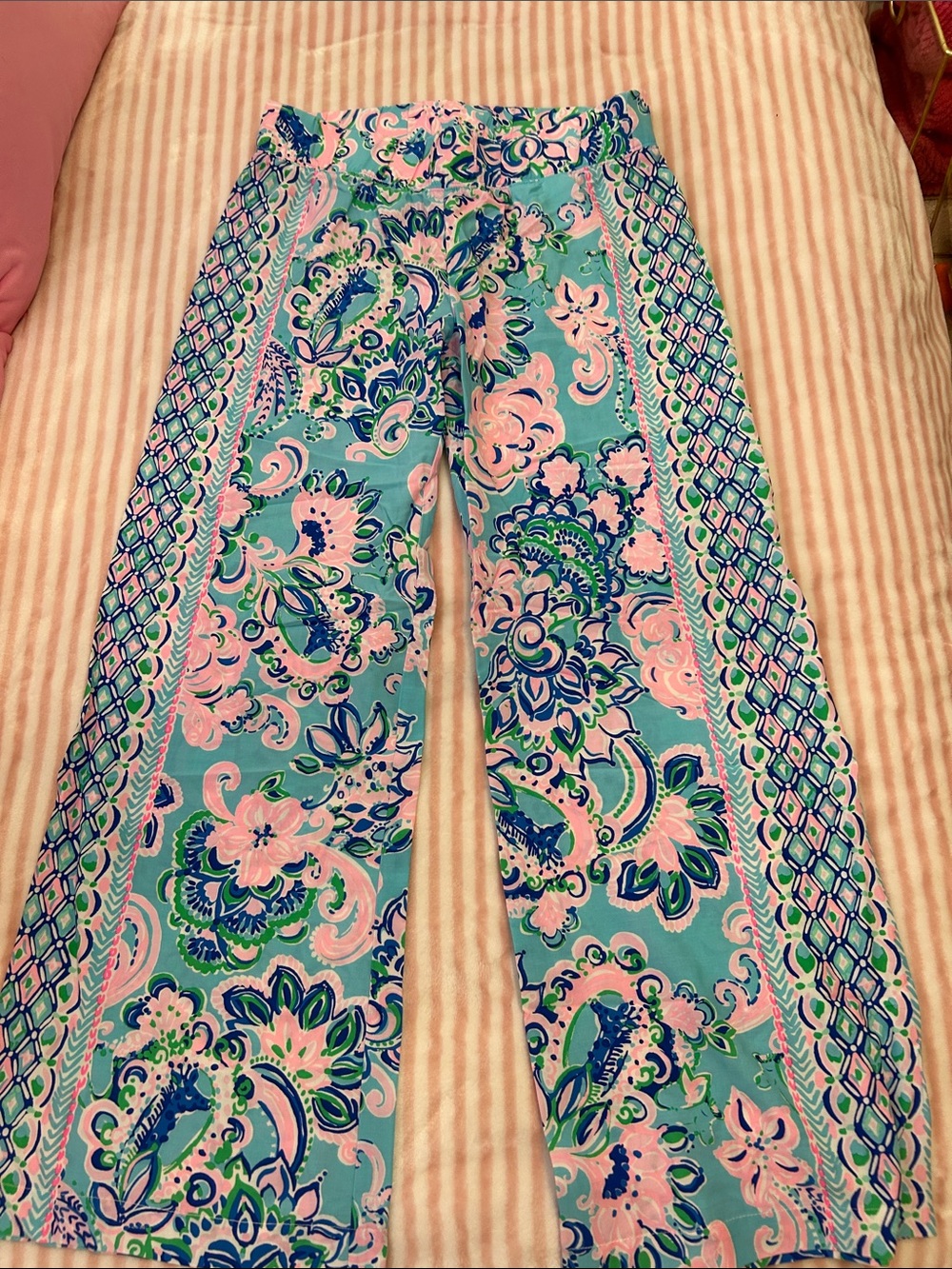 Lilly Pulitzer Aqua, Pink & Navy Floral Wide-Leg Pants